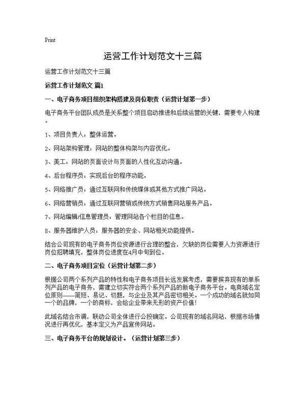 运营工作计划范文十三篇