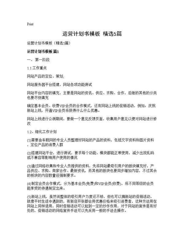 运营计划书模板(精选5篇)