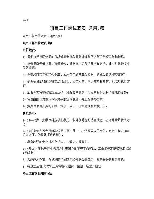项目工作岗位职责(通用3篇)