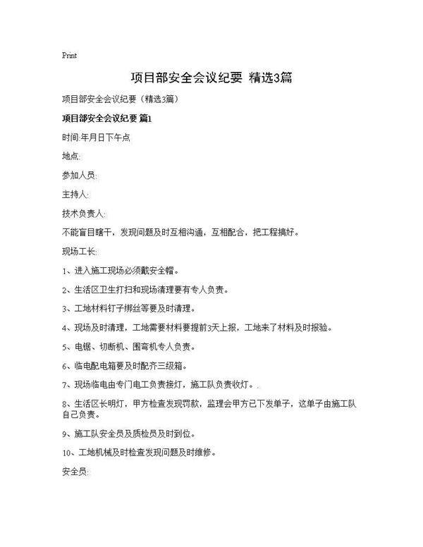 项目部安全会议纪要(精选3篇)