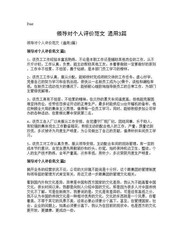 领导对个人评价范文(通用3篇)