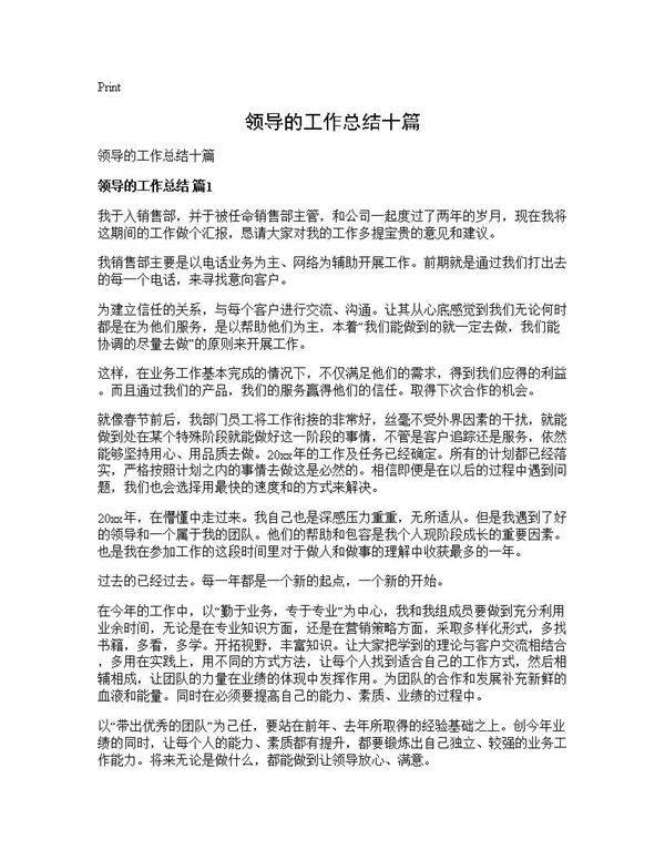 领导的工作总结十篇