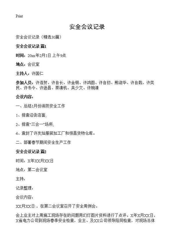 安全会议记录30篇
