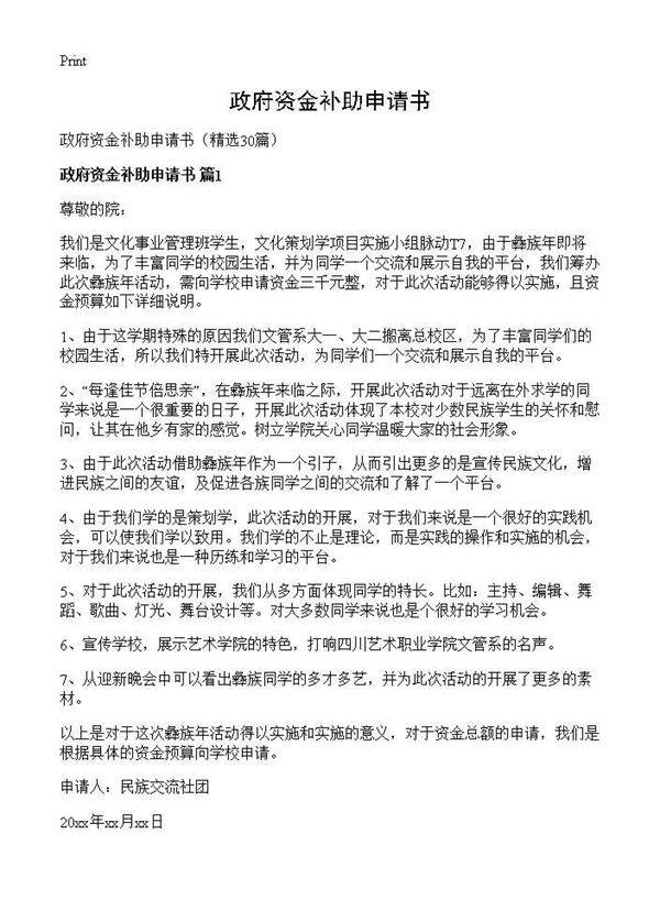 政府资金补助申请书30篇