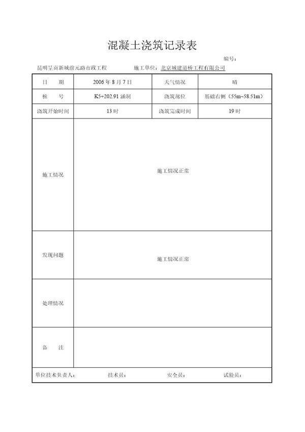 混凝土浇灌记录表-----施工单位用表