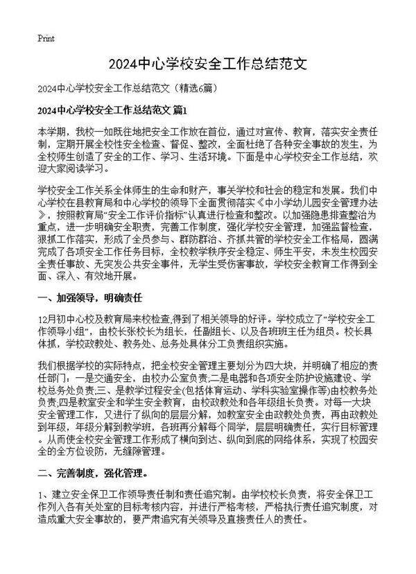 2024中心学校安全工作总结范文6篇