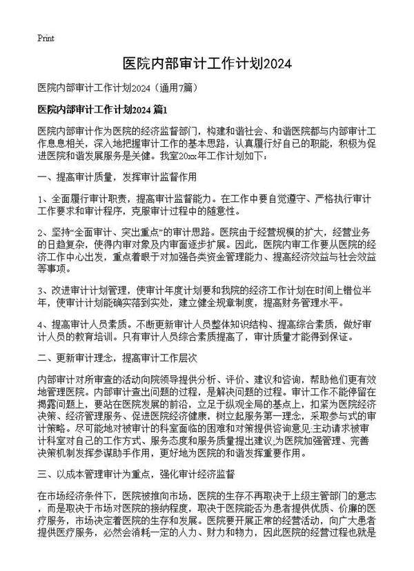 医院内部审计工作计划20247篇