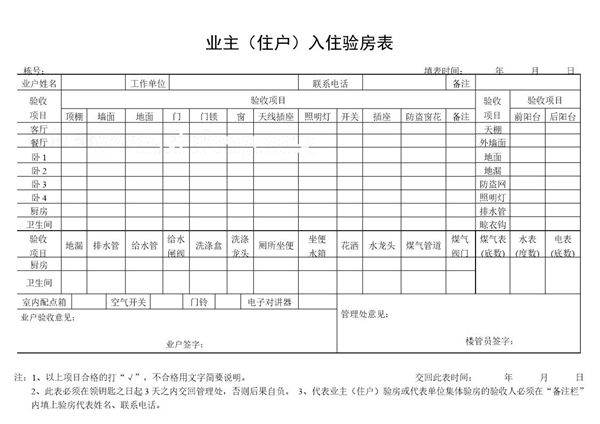 业主(住户)入住验房表