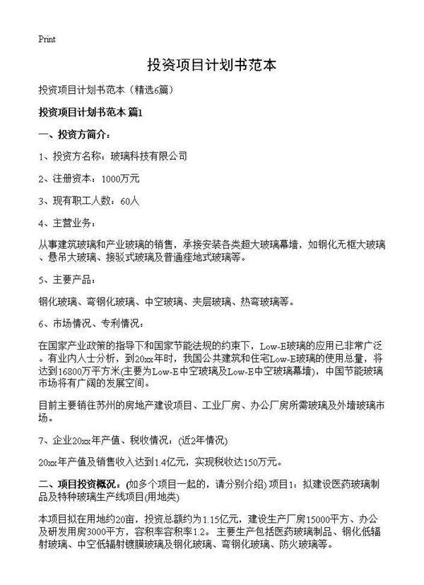 投资项目计划书范本6篇