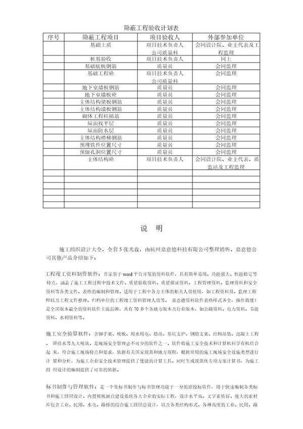 隐蔽工程验收计划表