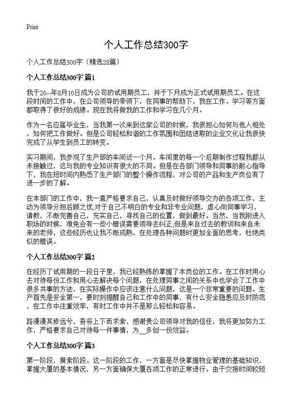 个人工作总结300字28篇