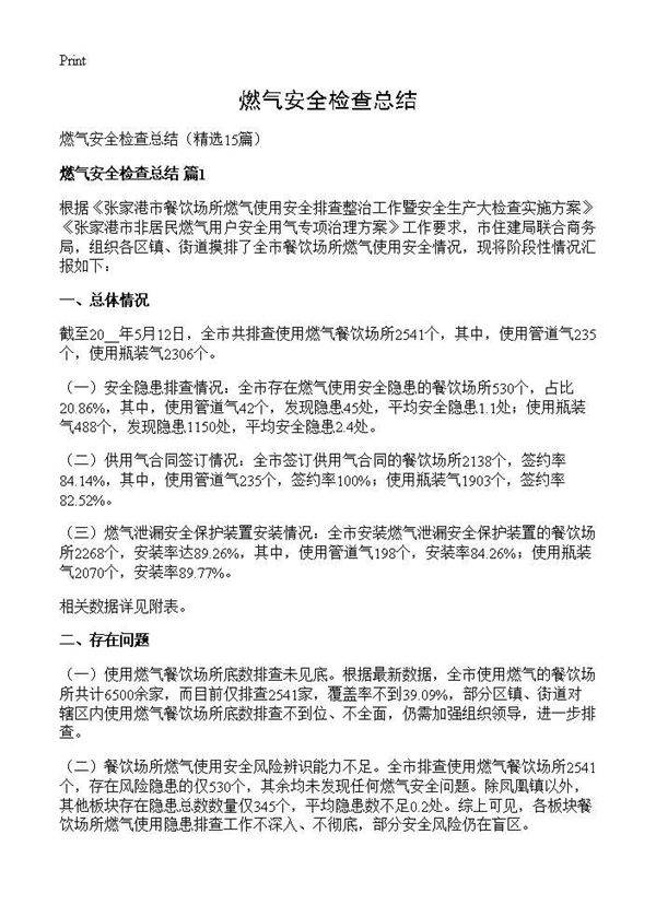 燃气安全检查总结15篇