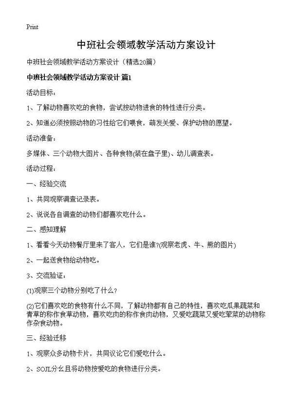 中班社会领域教学活动方案设计20篇