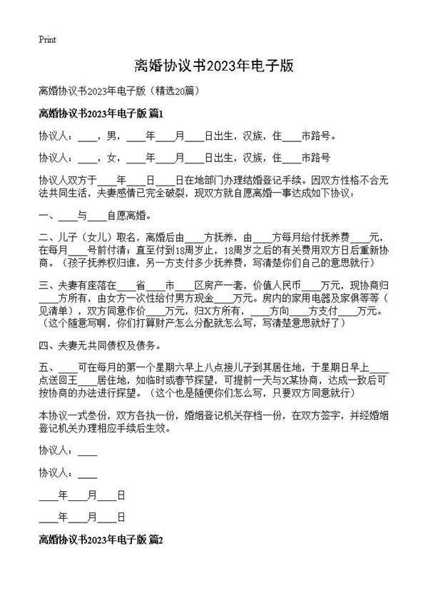 离婚协议书2025年电子版20篇