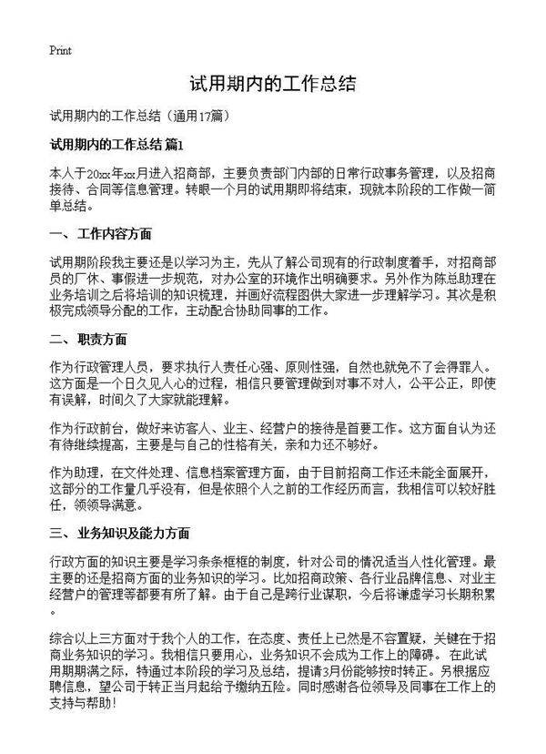 试用期内的工作总结17篇