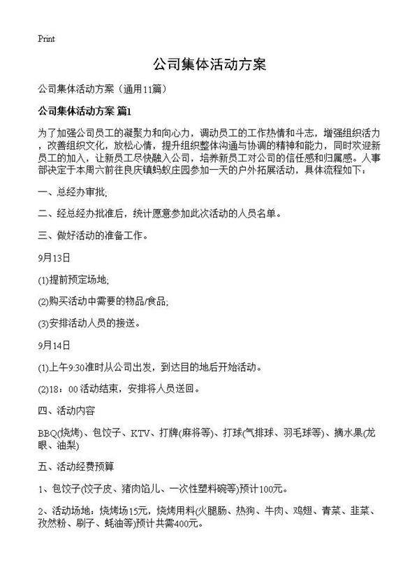 公司集体活动方案11篇