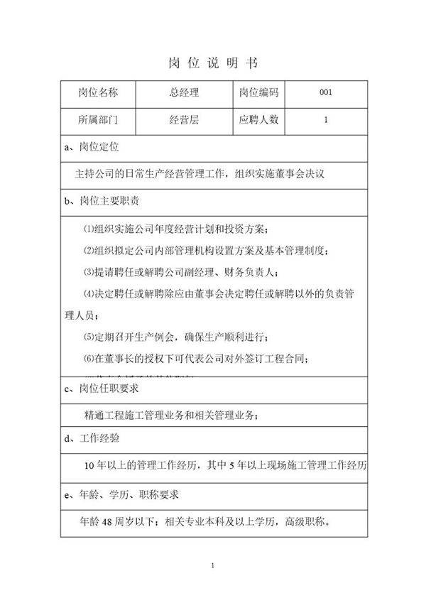 单位各类岗位说明书