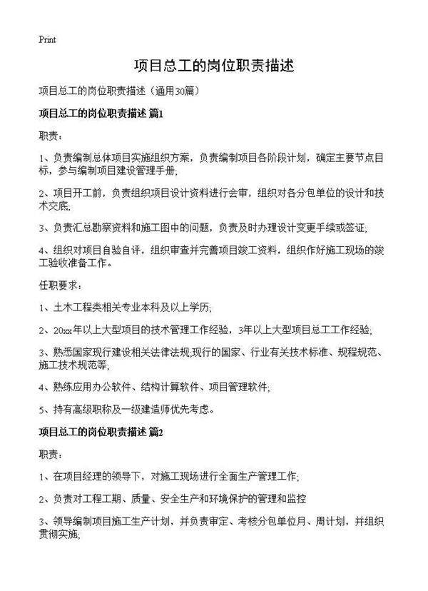 项目总工的岗位职责描述30篇