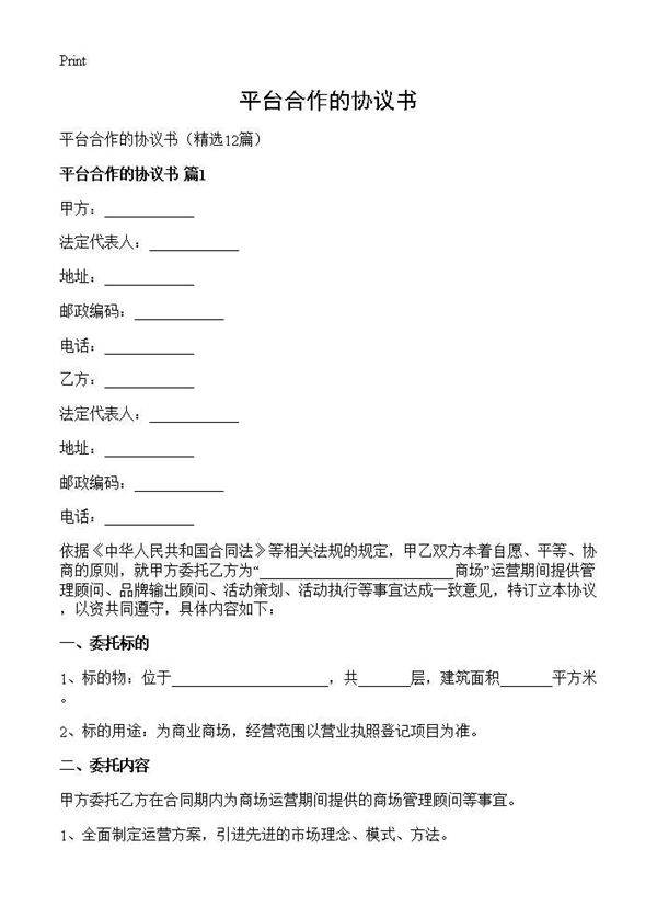 平台合作的协议书12篇