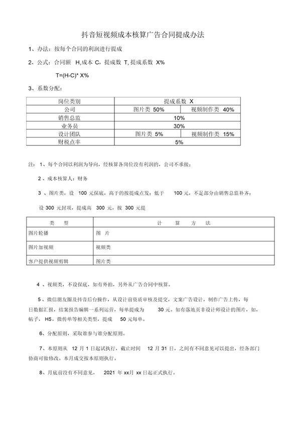 短视频作成本核算广告合同提成办法