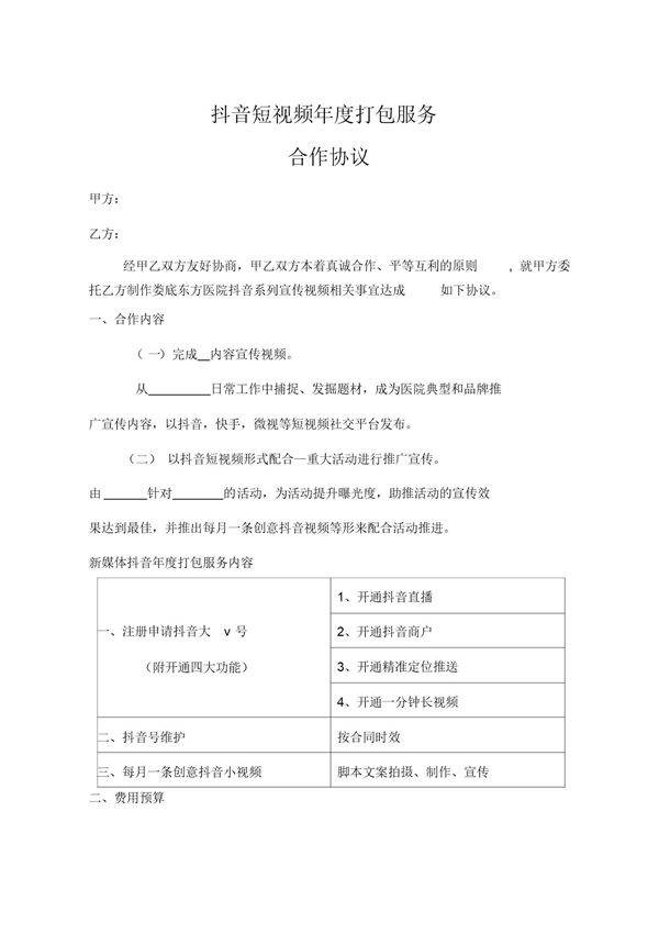抖音短视频年度打包服务合作协议