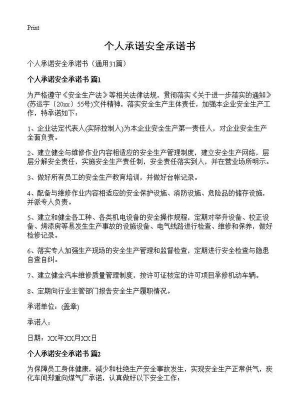 个人承诺安全承诺书31篇