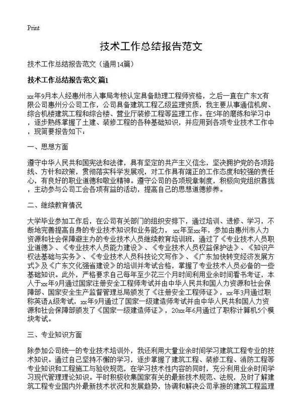 技术工作总结报告范文14篇