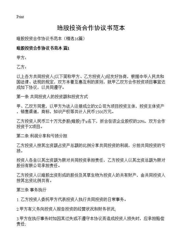 暗股投资合作协议书范本16篇