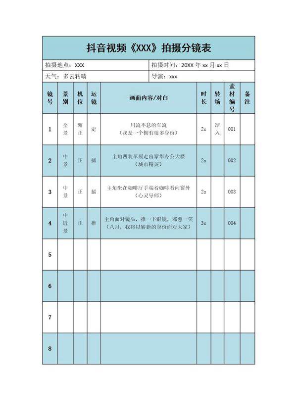 抖音视频拍摄脚本剧本分镜模板