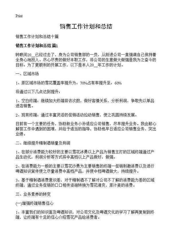 销售工作计划和总结