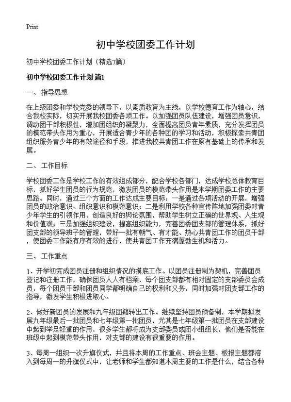 初中学校团委工作计划7篇