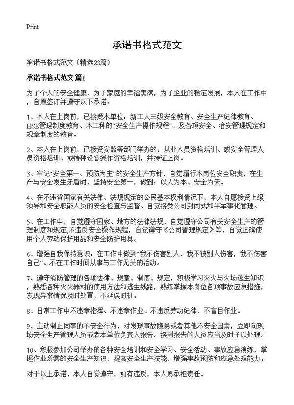 承诺书格式范文28篇