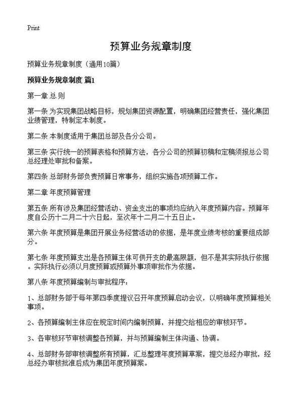 预算业务规章制度10篇