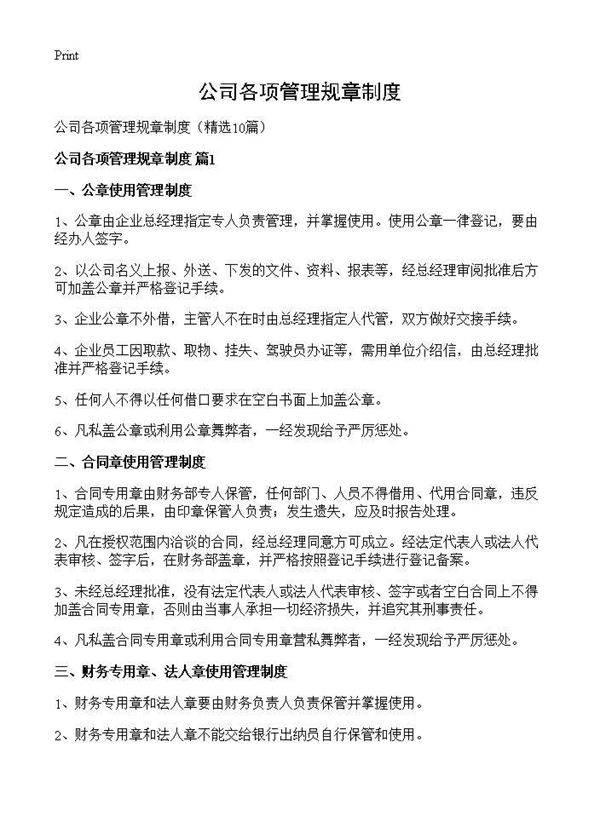 公司各项管理规章制度10篇