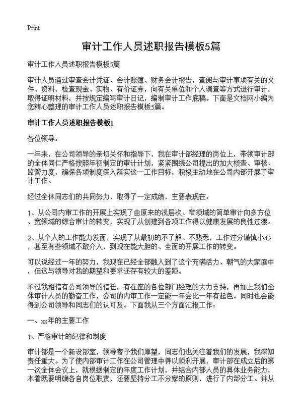 审计工作人员述职报告模板5篇