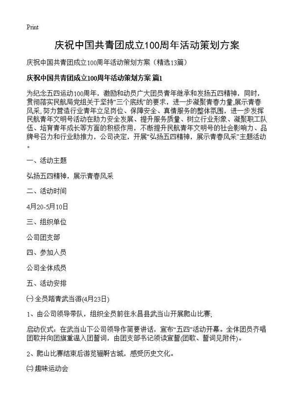 庆祝中国共青团成立100周年活动策划方案13篇