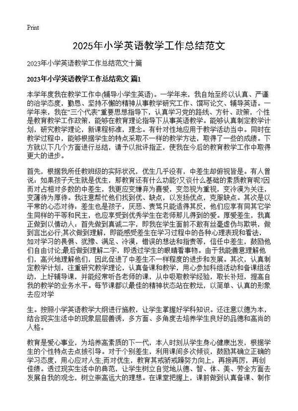 2025年小学英语教学工作总结范文