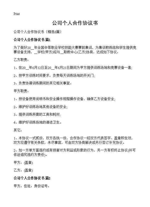 公司个人合作协议书8篇