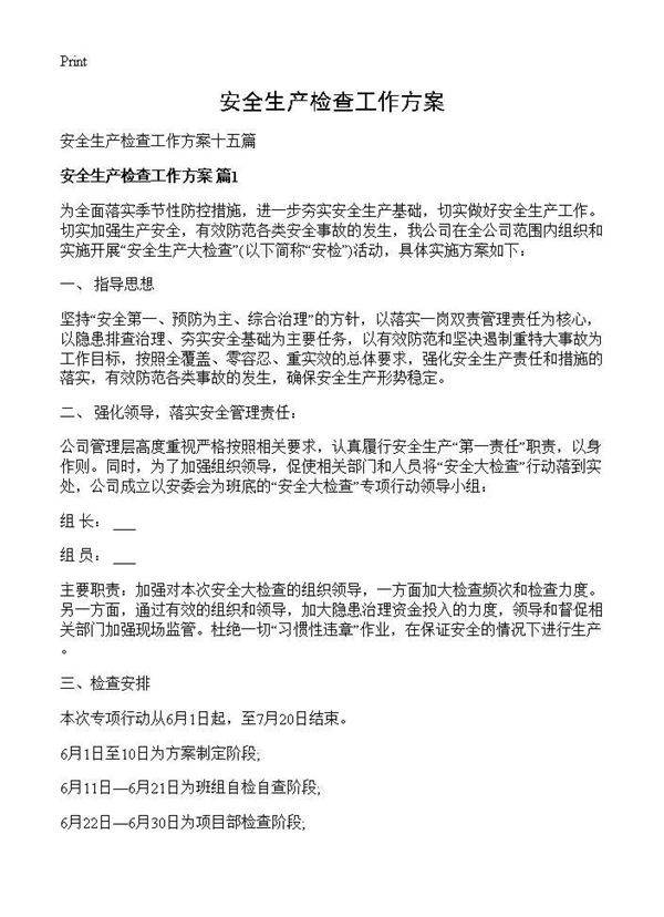 安全生产检查工作方案