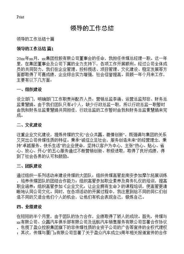 领导的工作总结