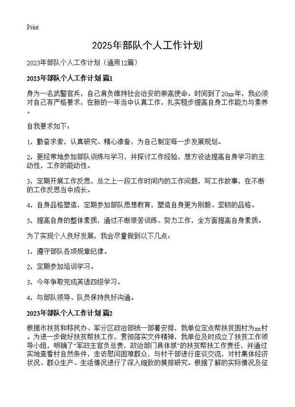 2025年部队个人工作计划12篇
