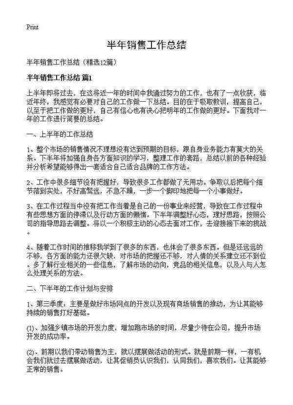 半年销售工作总结12篇