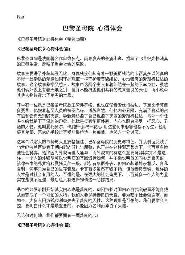 《巴黎圣母院》心得体会20篇