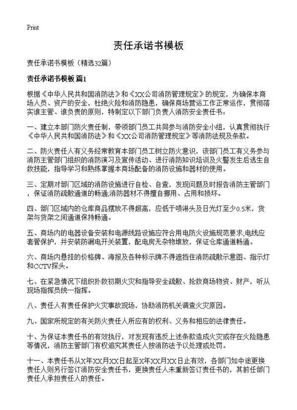 责任承诺书模板32篇