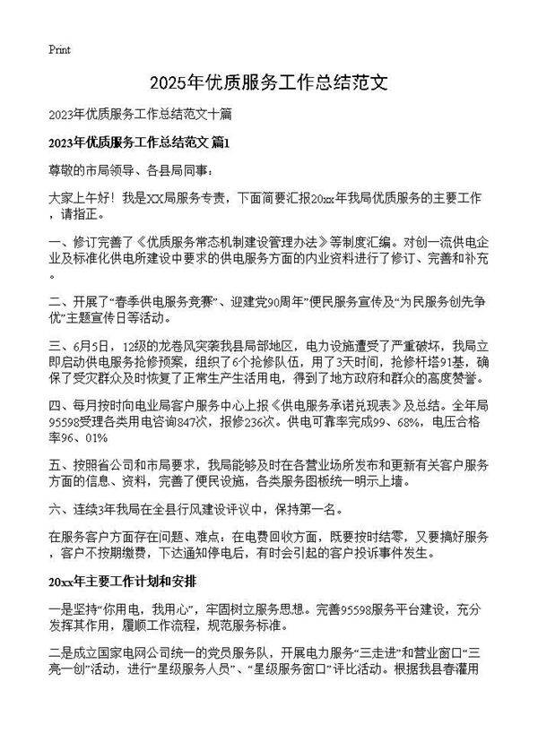 2025年优质服务工作总结范文
