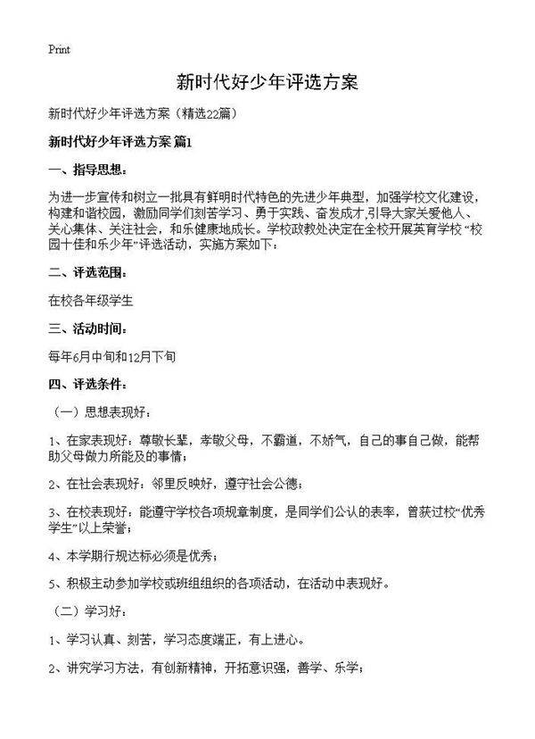 新时代好少年评选方案22篇