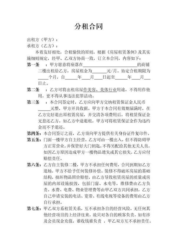 店面分租合同