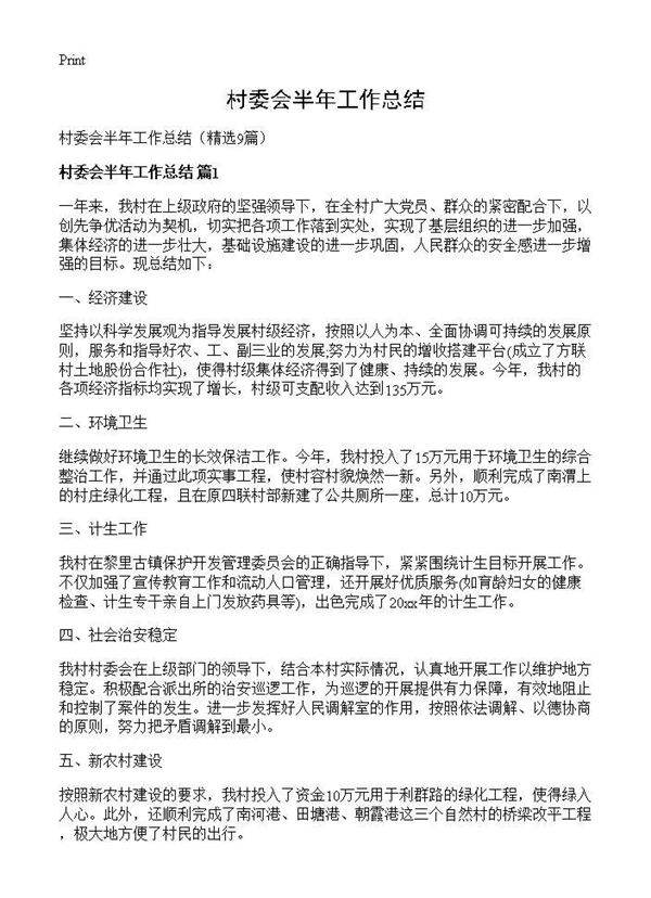 村委会半年工作总结9篇