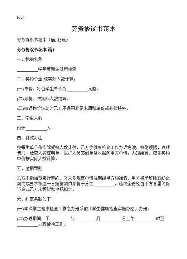 劳务协议书范本5篇