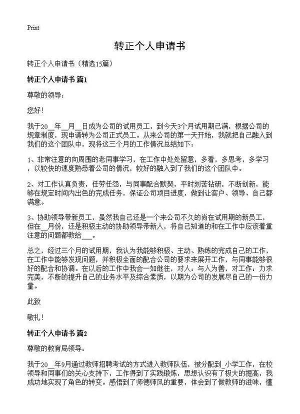 转正个人申请书15篇